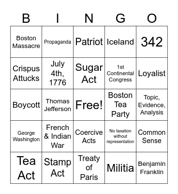 American Revolution #4 Bingo Card