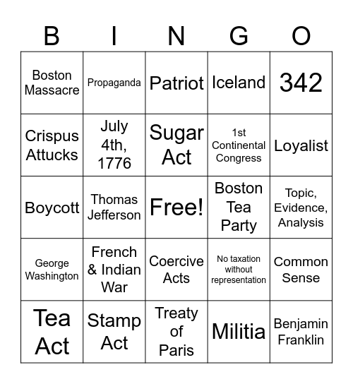 American Revolution #4 Bingo Card
