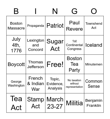 American Revolution #5 Bingo Card