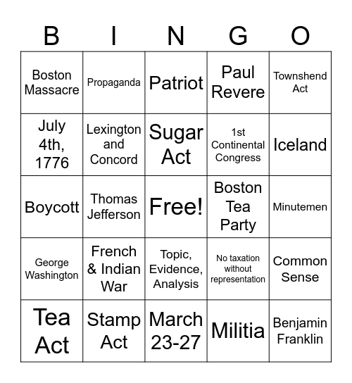 American Revolution #5 Bingo Card