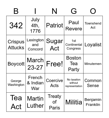 American Revolution #1 Bingo Card