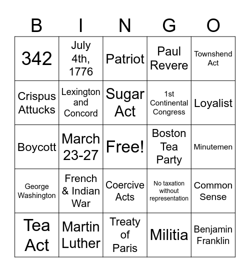 American Revolution #1 Bingo Card