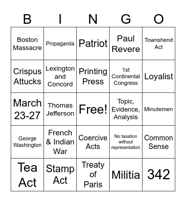 American Revolution #2 Bingo Card