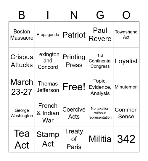 American Revolution #2 Bingo Card