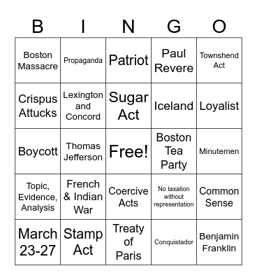 American Revolution #3 Bingo Card