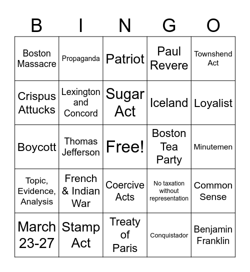 American Revolution #3 Bingo Card