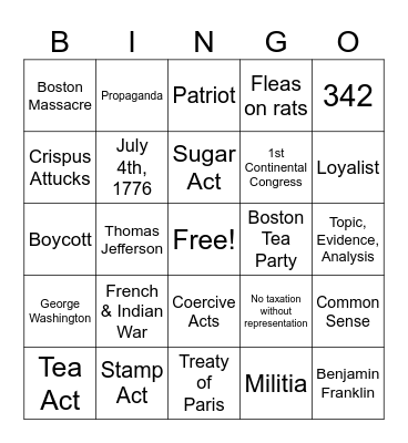 American Revolution #4 Bingo Card