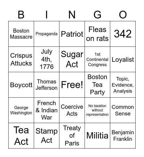American Revolution #4 Bingo Card