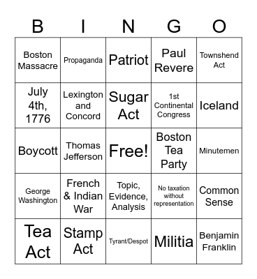 American Revolution #5 Bingo Card