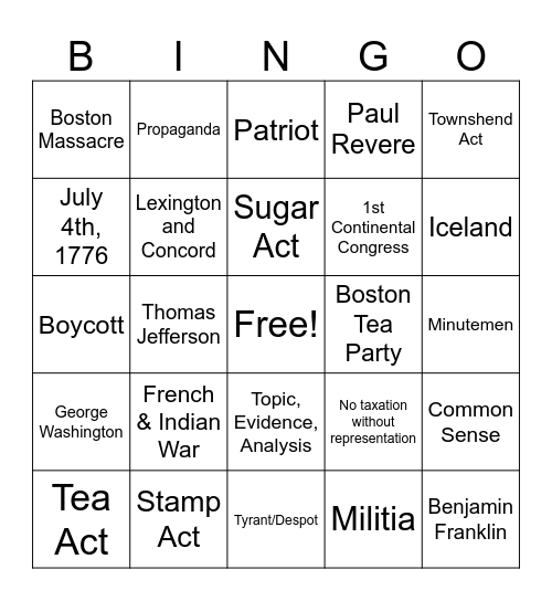 American Revolution #5 Bingo Card