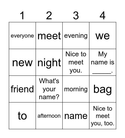 4th - L1 - My Name Is Amy - Bingo Card