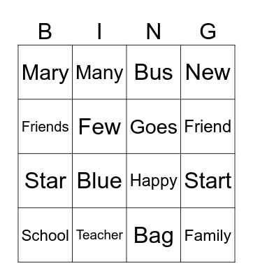 School Day Bingo Card