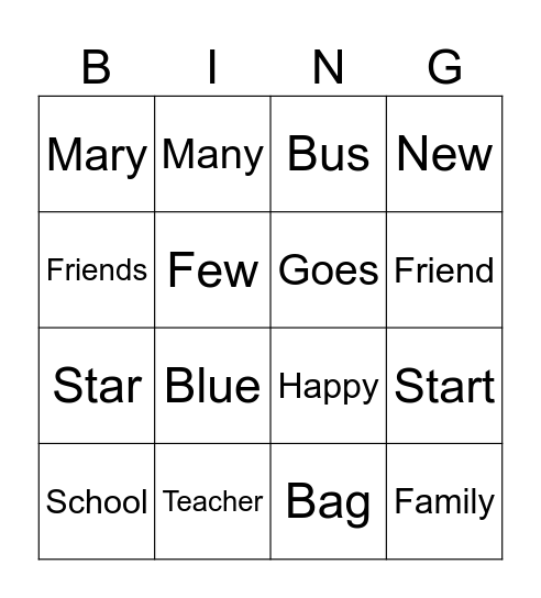 School Day Bingo Card
