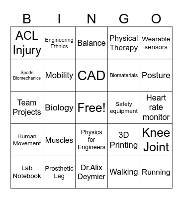 Biomechanics Bingo! Bingo Card