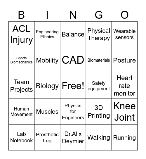 Biomechanics Bingo! Bingo Card