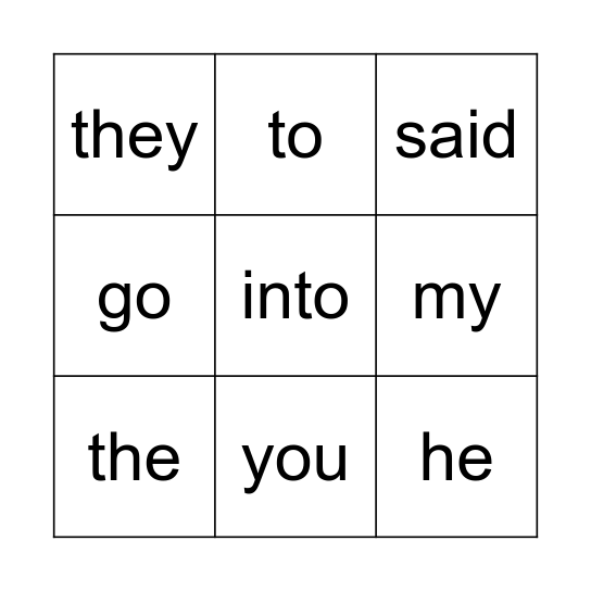 Tricky words Bingo Card