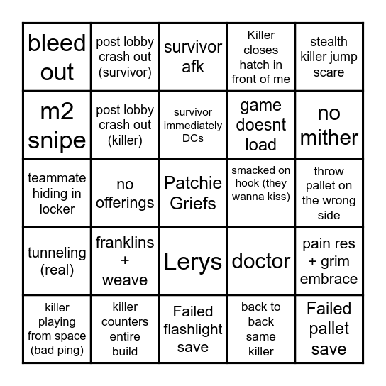 Cursed DBD Bingo Card