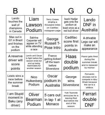 F1 Bingo Card