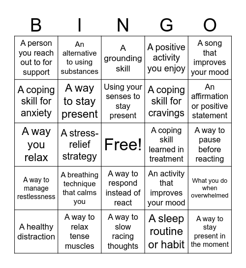 Recovery Bingo Card