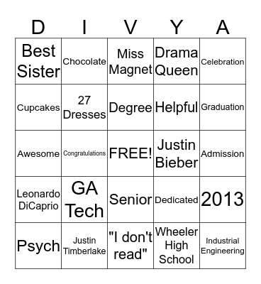 Congratulations Divya! Bingo Card