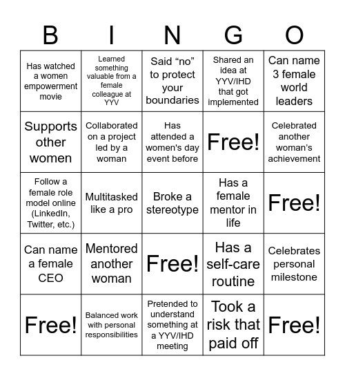 International Women's Day Bingo Card