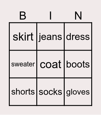 CLOTHES Bingo Card