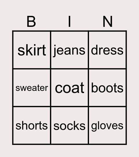 CLOTHES Bingo Card