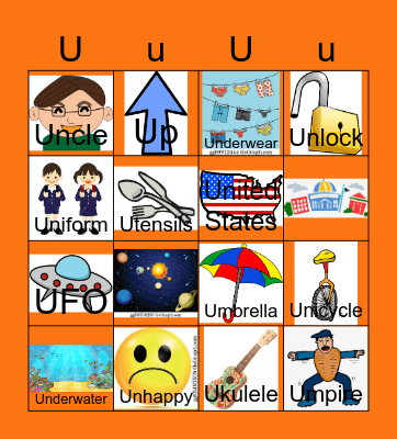 Letter U Bingo Card