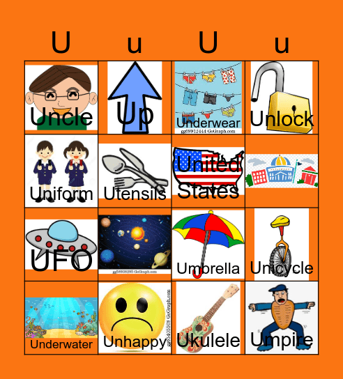 Letter U Bingo Card