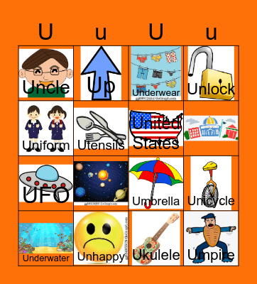 Letter U Bingo Card