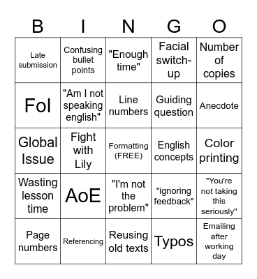Ms Reena IO Complaints Bingo Card