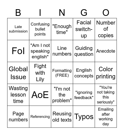 Ms Reena IO Complaints Bingo Card