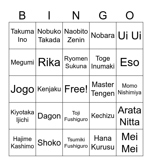JJK BINGO Card