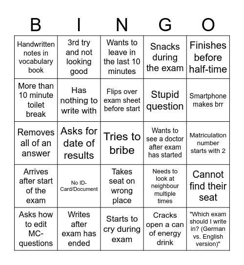 VS Exam Bingo Card