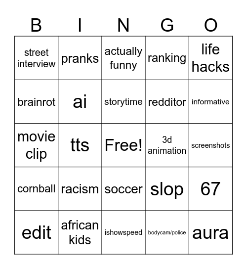 yt shorts bingo Card