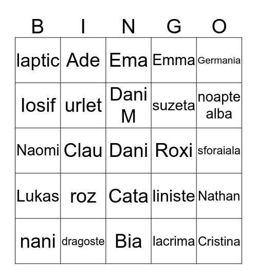 Emma's  Bingo Card