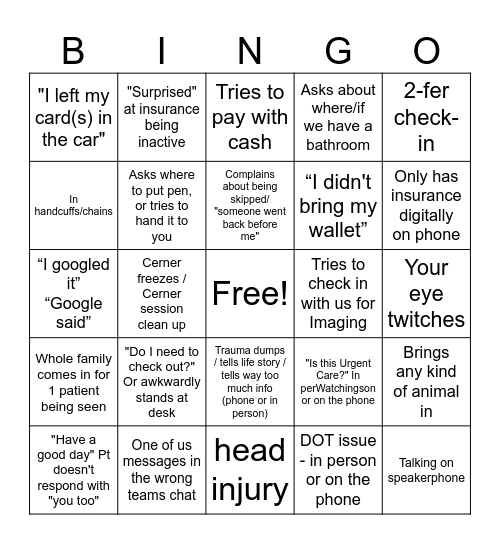 Front Desk Bingo Card