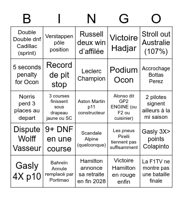 F1 26 Bingo Card
