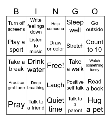 Coping Skills Bingo Card