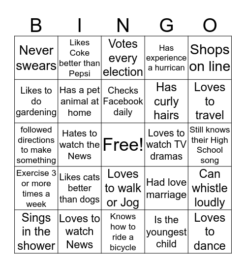 Get To Know you Bingo Card