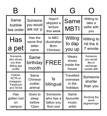 ACYA Welcome Party Bingo Card