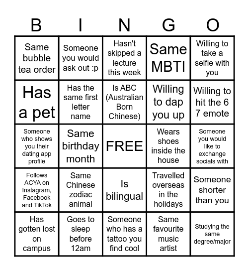 ACYA Welcome Party Bingo Card