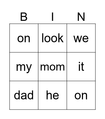 Sight words 1 Bingo Card