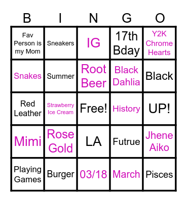 Naomi's Birthday Bingo Card