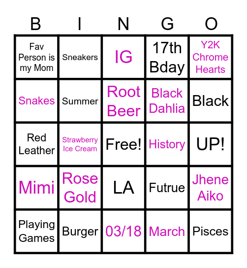 Naomi's Birthday Bingo Card