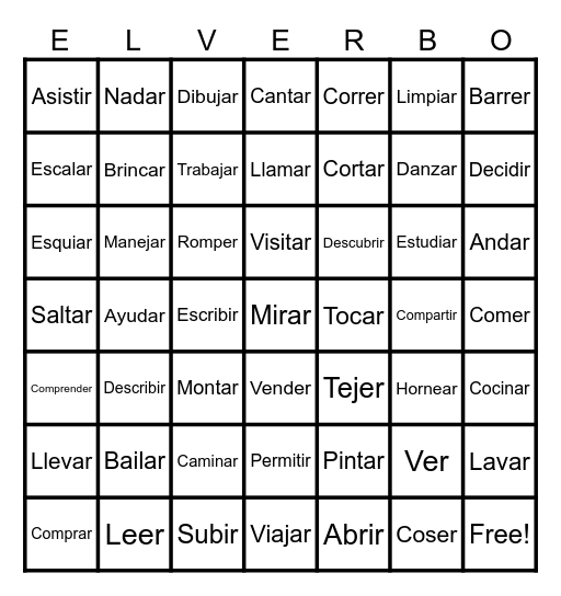 Spanish Verbs Bingo Card