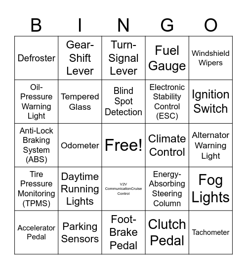 Vehicle System Bingo Card