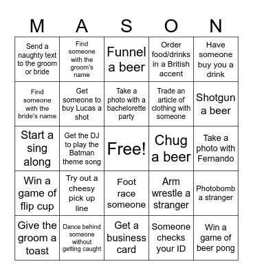 Bachelor Party Bingo Card