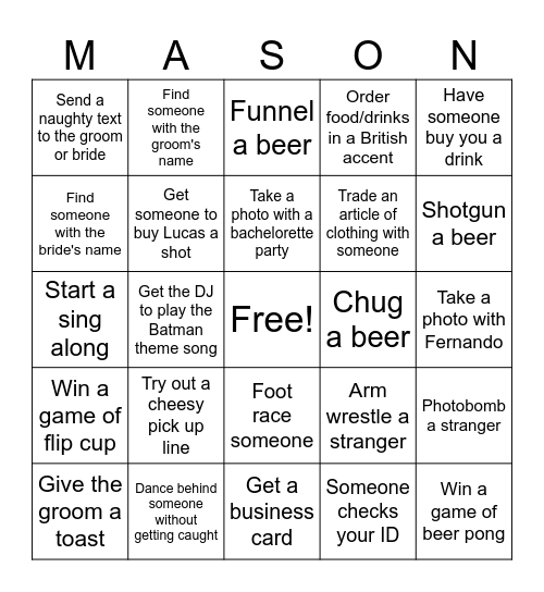 Bachelor Party Bingo Card