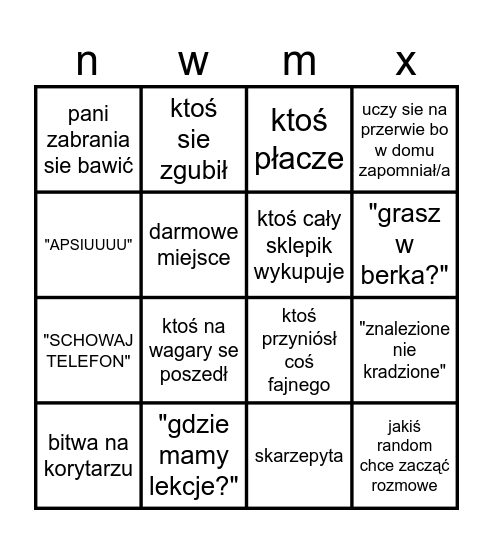 przerwa szkolna bingo Card